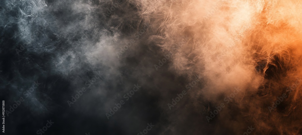 Poster a dynamic, abstract smoke pattern in dark tones with a large area for text