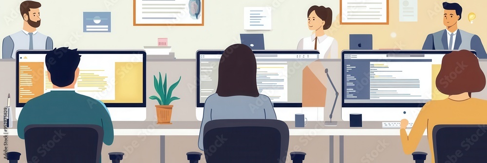 Poster Several colleagues are engaged in tasks at their desks, collaborating in a contemporary office while focusing on their screens. Generative AI
