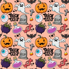 Halloween seamless pattern - creepy pumpkin lanterns with scary faces, traditional holiday halloween symbols ,seamless texture