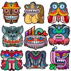 Abstract Tiki masks set. Colorful tribal totem heads characters. Hand-drawn.