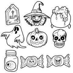 Hand drawn flat halloween elements collection.