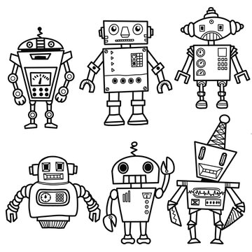 Illustration drawing in doodle style. set of cute robots. children's line drawing. funny robots