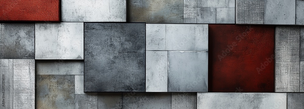 Aufkleber abstract image featuring a variety of square and rectangular tiles in concrete and metal, with textu