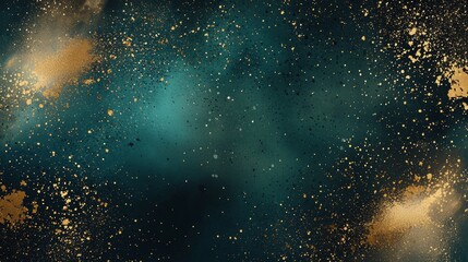 Fototapeta premium Abstract turquoise and gold background with a nebula cloud-like effect, perfect for projects related to the cosmos, luxury, or art. The gold particles evoke a sense of wonder and magic
