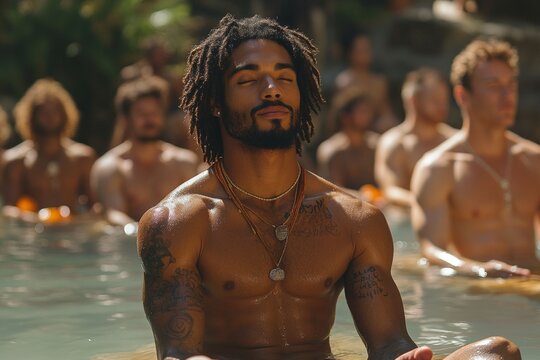 A group of men at a wellness retreat. Generative AI - Powered by Adobe