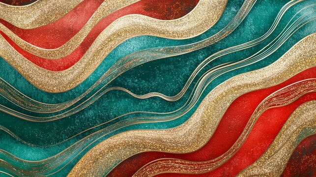 Fototapeta Abstract luxury background with red, green and gold waves, featuring a grunge texture and sparkling golden glitter. Perfect for creating elegant and festive designs