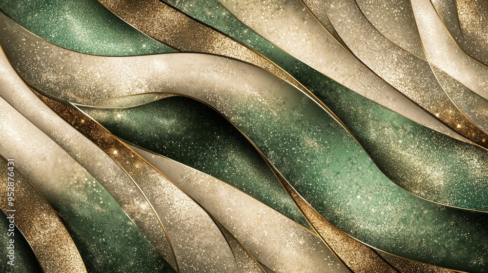 Poster elegant background with green and gold glitter stripes flowing in a wave pattern. perfect for websit