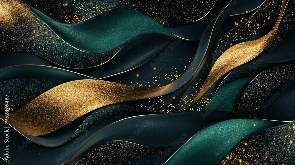 Poster abstract luxury background with golden and emerald green waves flowing on a dark background and spar