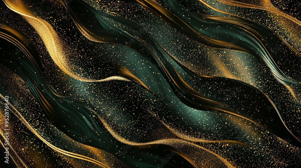Poster abstract background with flowing golden lines and particles, creating a luxurious and elegant feel, 