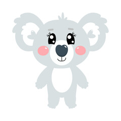 Cute grey kawaii little koala bear in full height on white isolated background for kids. Happy fun full length kawaii pet