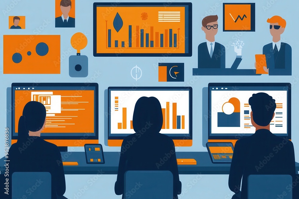 Poster a team engages in data analysis at a collaborative workspace, focusing on various digital displays s