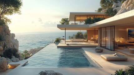 Fototapeta premium Luxurious modern cliffside house with an infinity pool overlooking a serene ocean at sunset, surrounded by nature