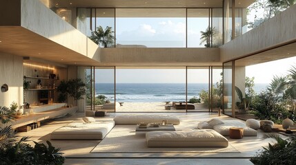 Luxurious, modern beachfront living room with large windows, comfortable seating, and lush indoor plants, overlooking the ocean