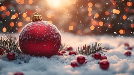 Red Christmas ornament with snow rests among pine branches and berries, with a festive background of warm, glowing lights