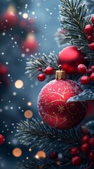 Obraz premium Close-up shot of a decorated Christmas tree branch with red baubles, berries, snow, and twinkling lights in the background