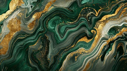 Abstract fluid art painting in green and gold colors, with a luxurious marble effect that resembles malachite stone. Ideal for backgrounds, prints, websites, and more