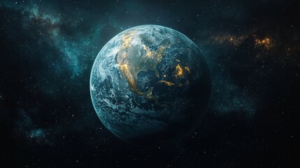 Obraz premium Image depicts Earth from space, showcasing illuminated city lights, distinct continents, and a stunning backdrop of stars and galaxies