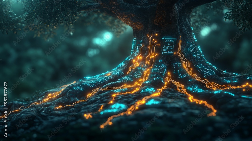 Poster tree with its roots glowing with blue and orange circuit-like patterns, blending nature and technolo