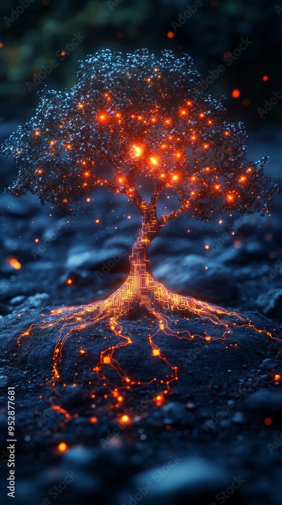 Poster glowing tree with digital circuits running through its trunk and roots, set against a dark backgroun