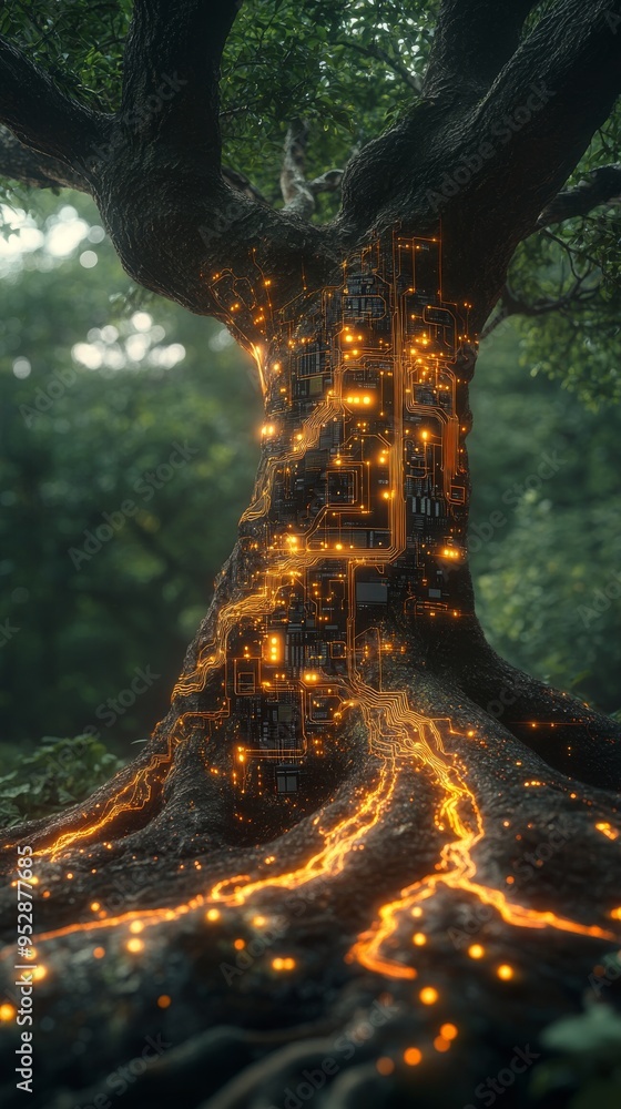 Poster tree with glowing circuits embedded in its trunk and roots, set in a dense forest
