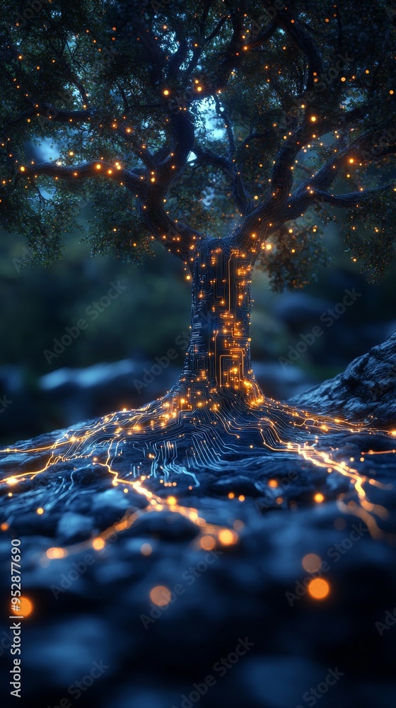 Poster tree with glowing, circuit-like patterns on its trunk and roots, creating a futuristic and magical a