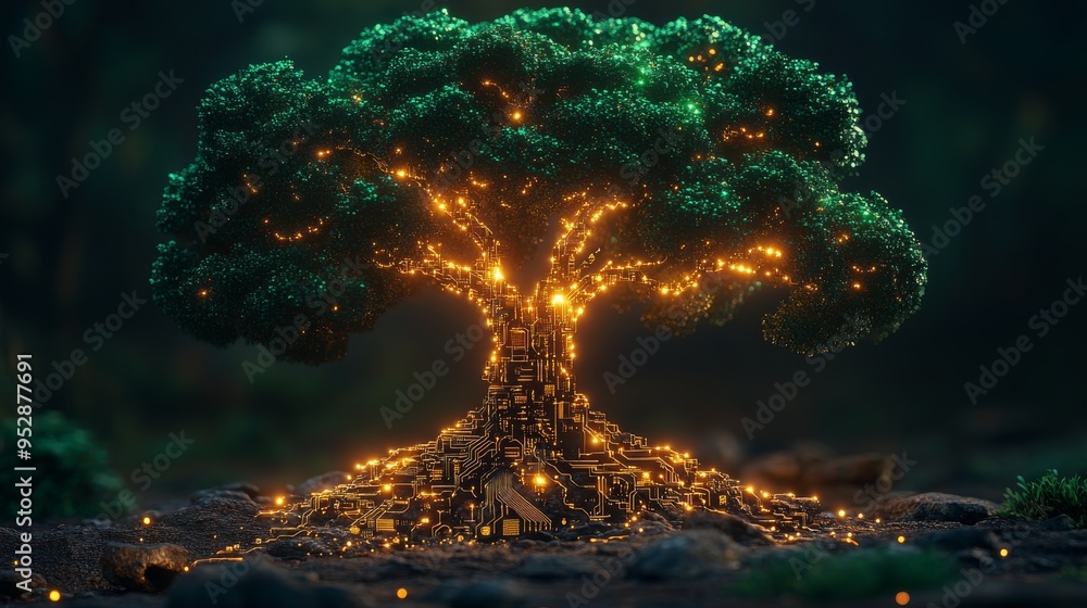 Poster luminous tree with glowing lights intertwined with circuit-like patterns in a dark, forested environ