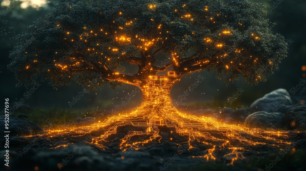 Poster large tree with glowing orange circuits integrated into its trunk and branches, standing in a dimly 