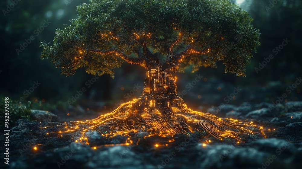 Poster large tree with glowing, intricate, circuit-like patterns on its trunk and roots stands in a mystica