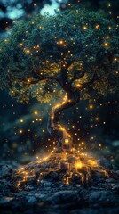 Tree with a glowing, circuit-like trunk is surrounded by vibrant, sparkling lights against a lush, verdant background