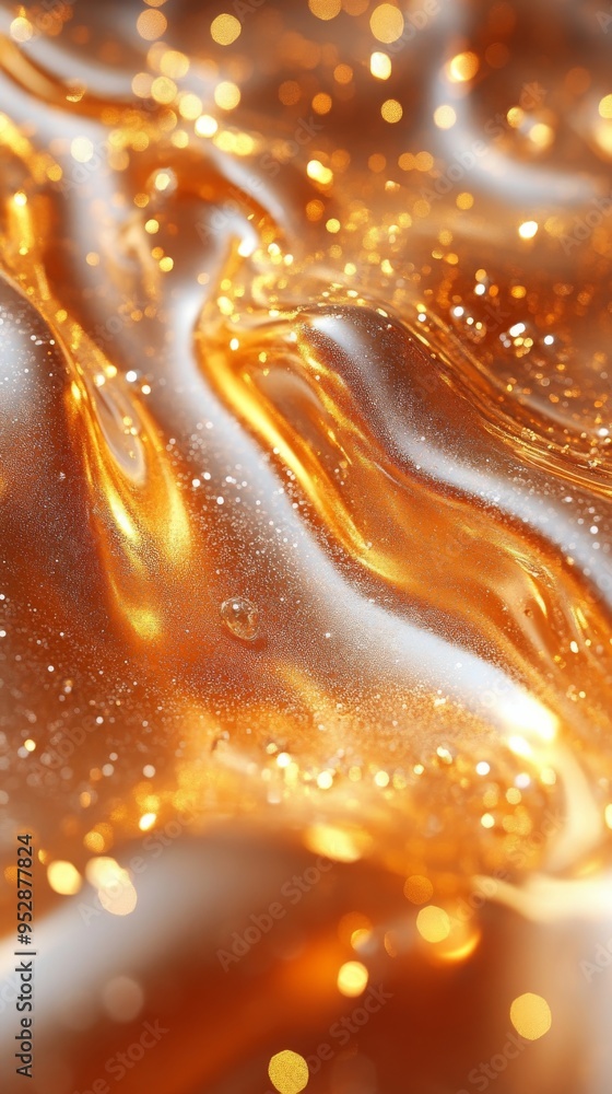Poster shimmering, fluid surface with golden hues and sparkles, creating an abstract and mesmerizing visual