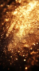 Close-up of golden, glittery particles, creating a sparkling and shimmering effect under bright light