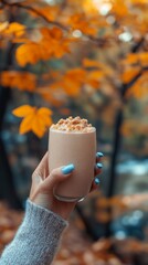 Hand with blue nails holds a spiced pumpkin smoothie, with autumn leaves blurred in the background, creating a warm ambiance