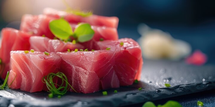Close up of Japanese sashimi seafood fish chu toro fatty tuna sushi on a plate