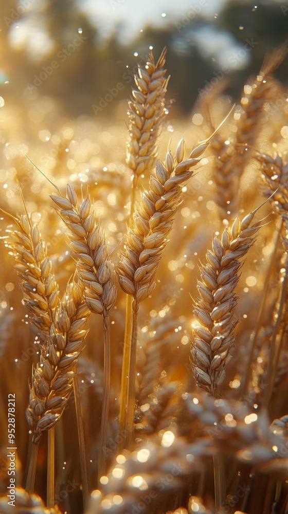 Poster close-up of golden wheat stalks in a field, illuminated by sunlight with floating particles around t
