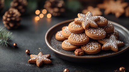 Plate of gingerbread cookies decorated with icing sugar snowflakes is surrounded by pine cones and festive lights
