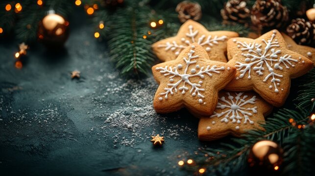 Image shows star-shaped cookies with intricate icing designs, surrounded by festive pine branches, ornaments, and a dusting of snow