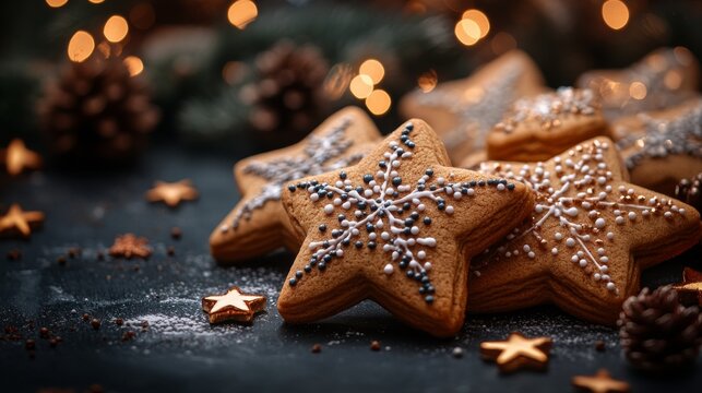 Image shows star-shaped gingerbread cookies decorated with icing, surrounded by holiday decorations and festive lights, creating a cozy atmosphere - Powered by Adobe
