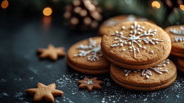Stack of decorated gingerbread cookies with snowflake designs, surrounded by star-shaped cookies and festive lights