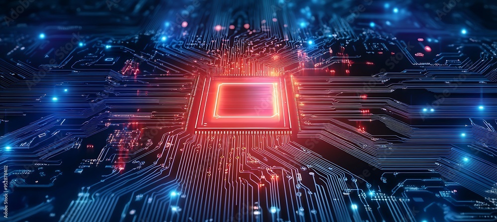 Aufkleber a high-tech circuit board background with a glowing central space for text