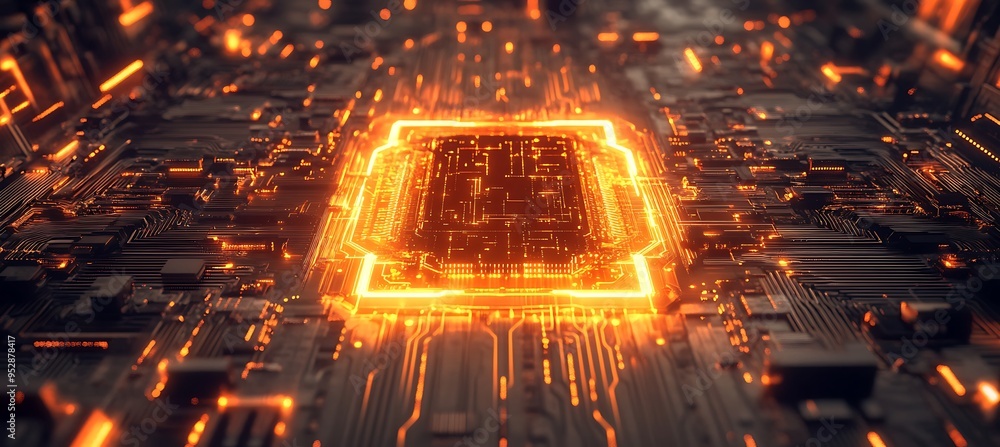 Poster a high-tech circuit board background with a glowing central space for text