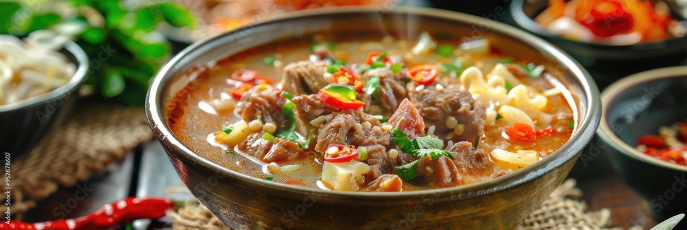 Poster authentic beef and offal soup served in a preplated bowl