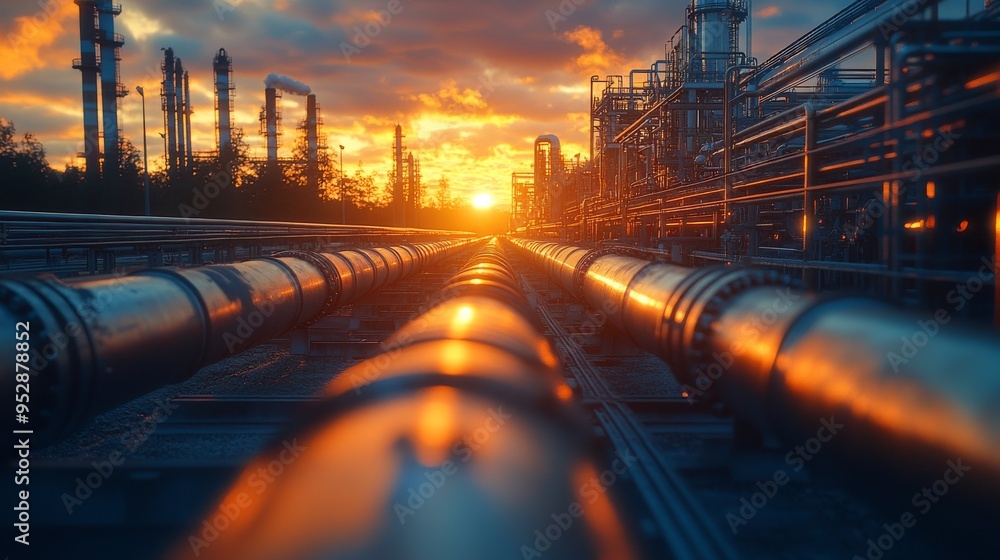 Aufkleber image depicts an industrial scene at sunset with numerous pipelines and metallic structures, creatin