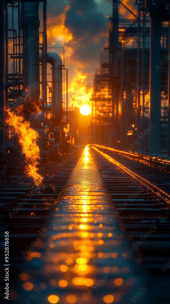 Aufkleber sunset illuminates an industrial setting with pipelines, creating a dramatic reflection on the wet s