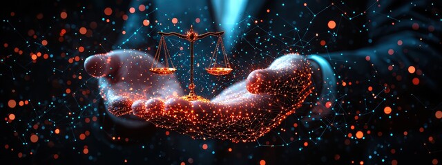 Businessman holding glowing digital scales of justice and data technology network connection on a dark background, representing the concept of law