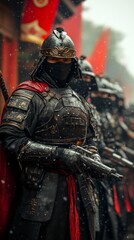 Naklejka premium Image shows armored warriors, with one standing prominently in the foreground, dressed in black armor and red accents, seemingly prepared for battle