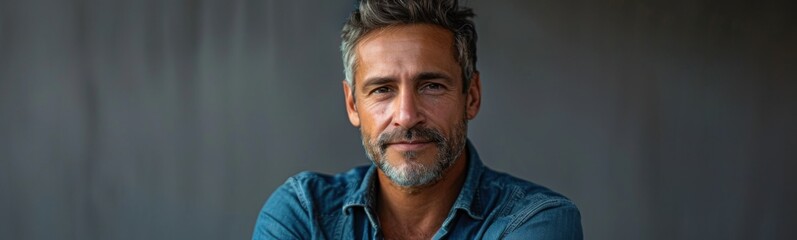 Obraz premium Man with a beard and a blue shirt, portrait, banner, copy space