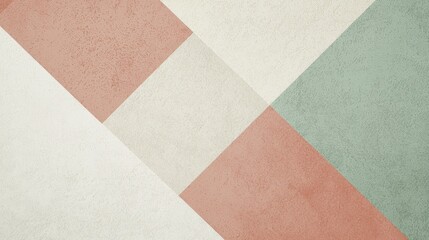 Fototapeta premium Modern and stylish abstract geometric background is featuring a textured surface divided into triangles of pastel green, pink, and cream colors. This design evokes feelings of peace and serenity