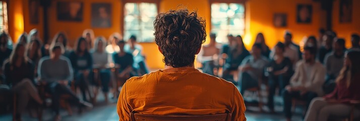 Cinematic shot of the back view of a young man leading a group therapy session. The group is surrounded by people sitting on chairs and listening