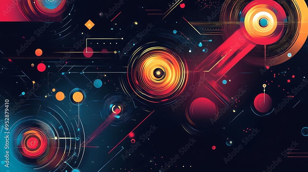 Poster abstract geometric pattern with concentric circles and lines on a dark background