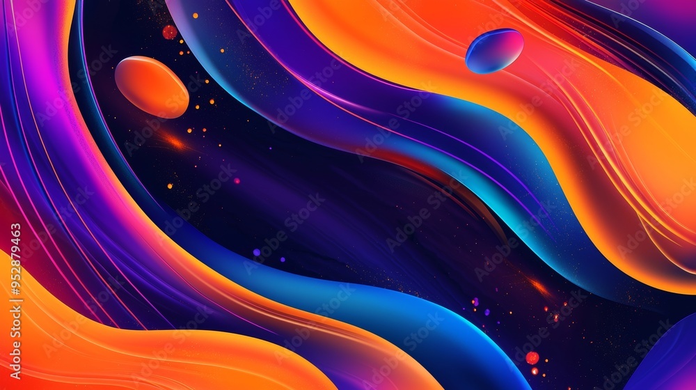 Poster abstract background featuring vibrant colors, dynamic flowing lines, and glowing particles, creating